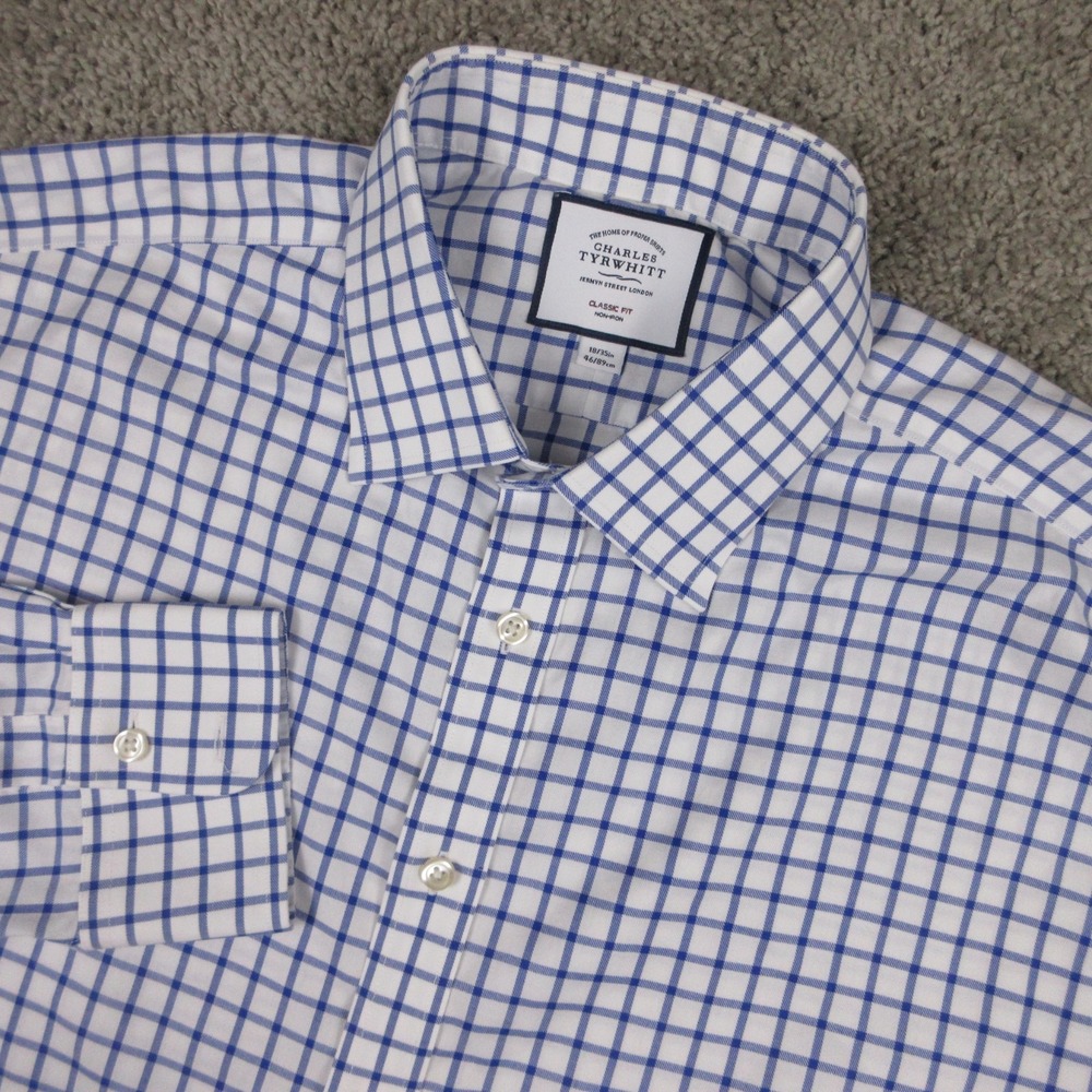 Charles Tyrwhitt Shirt Mens 2XL 18 35 White Blue Check Classic Dress Button Up